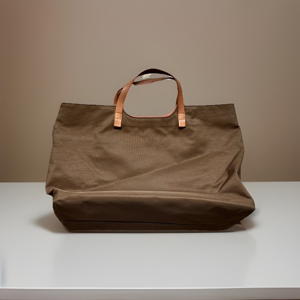VTG Canvas Brown Tote w Leather Handles & Cosmetic Bag Minimalist Y2K Essential